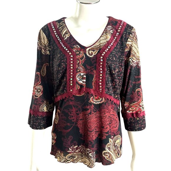 Sangria Size 10 Burgundy Paisley Studded V Neck Lined Blouse Vintage Boho Core - Picture 2 of 10